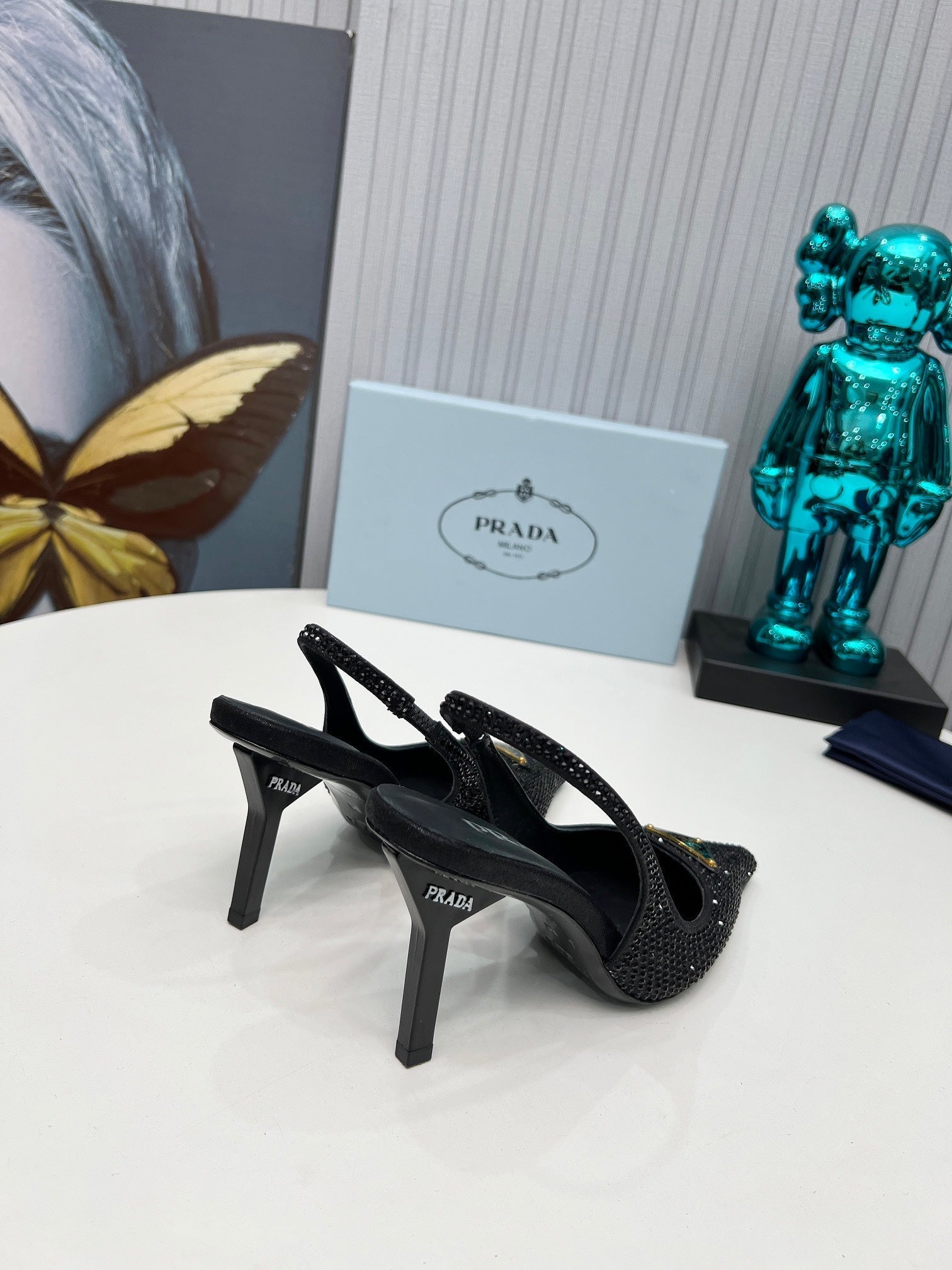 CRYSTAL SATIN HIGH-HEEL SLING BACK PUMPS BLACK