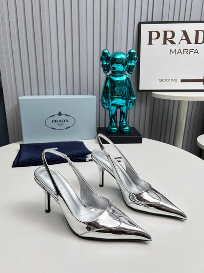 HIGH SLING BACK PUMPS IN SILVER GLOSSY CALFSKIN