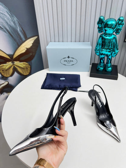 HIGH SLING BACK PUMPS IN SILVER MIX BLACK GLOSSY CALFSKIN