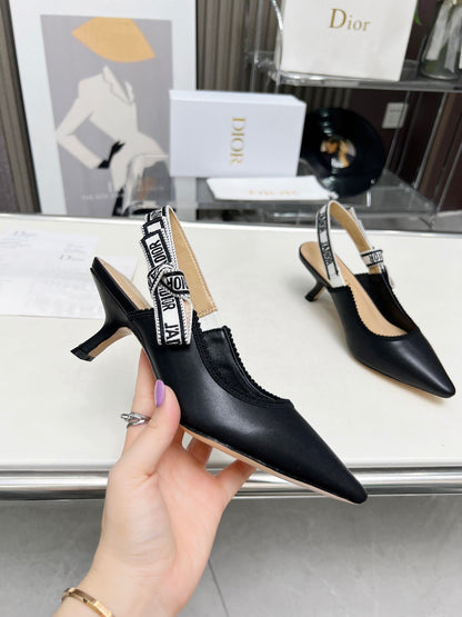 J'ADIOR SLINGBACK PUMP BLACK CALFSKIN AND EMBROIDERED FABRIC 65 MM