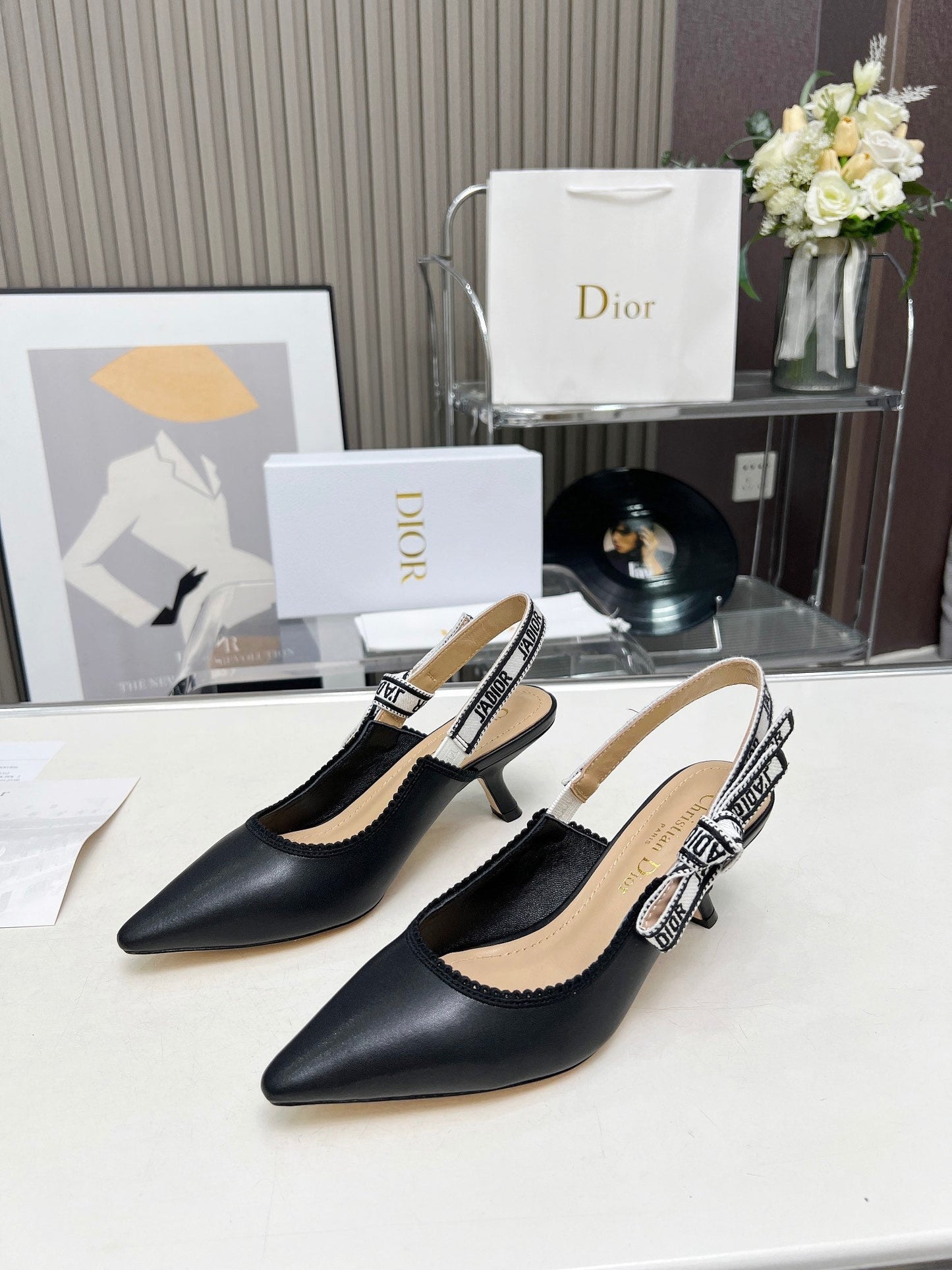 J'ADIOR SLINGBACK PUMP BLACK CALFSKIN AND EMBROIDERED FABRIC 65 MM