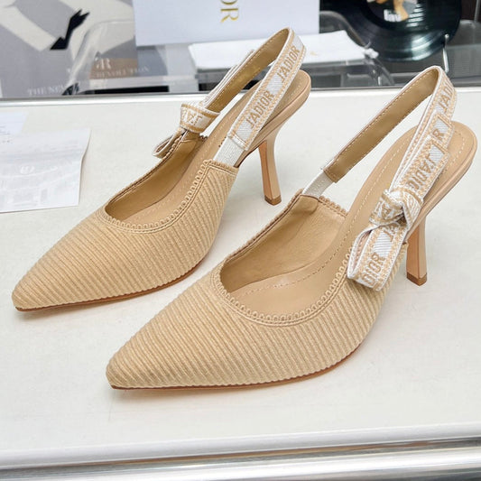 J'ADIOR SLINGBACK PUMP NATURAL RAFFIA AND BEIGE EMBROIDERED COTTON 10 CM