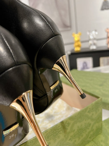 GG ANKLE BOOTS IN BLACK CALFSKIN WITH GOLD PLATED HEEL