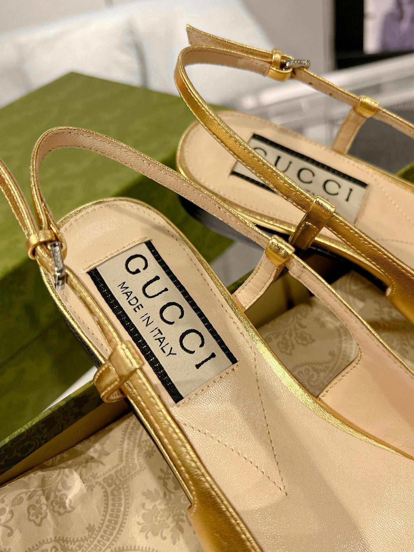 GG CRYSTALS SLINGBACK BALLET METALLIC GOLD CALFSKIN