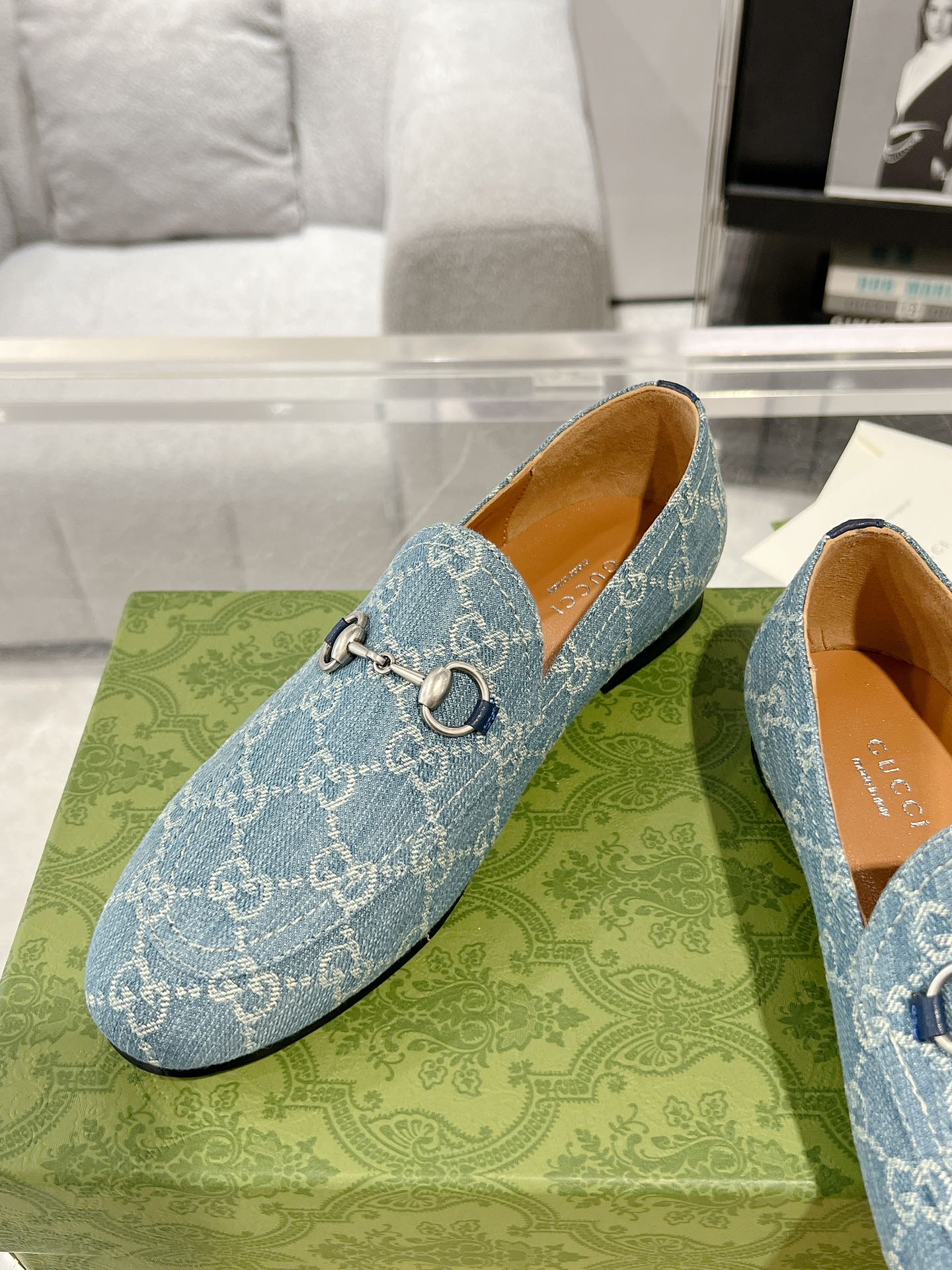 MEN'S LOAFER WITH HORSEBIT IN SAPHIRE BLUE MONOGRAM JACQUARD FABRIC