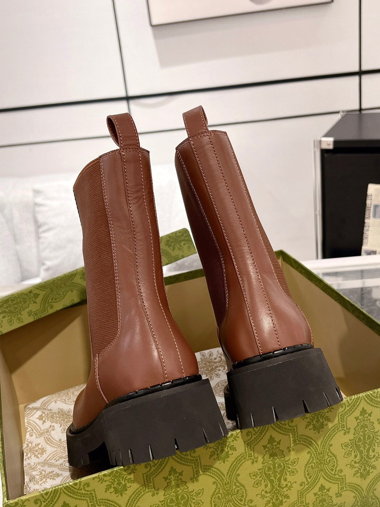 GG ANKLE BOOTS WITH WEB IN CINNAMON BROWN CALFSKIN AND FABRIC