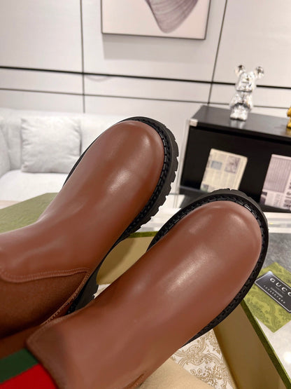 GG ANKLE BOOTS WITH WEB IN CINNAMON BROWN CALFSKIN AND FABRIC