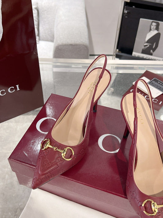 GG HIGH SLINGBACK 10.5 CM IN WINE RED GLOSSY EMBOSSED SUEDE AND SHEEPSKIN LINING