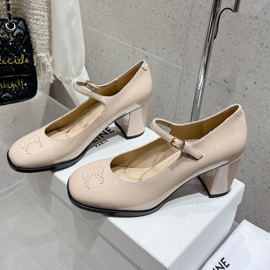 HIGH MARY JANE SHOES IN TAN BEIGE PATENT CALFSKIN