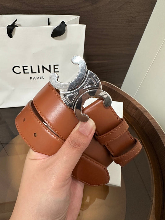TRIOMPHE BELT 30MM IN BROWN CALFSKIN WITH SILVER BUCKLE