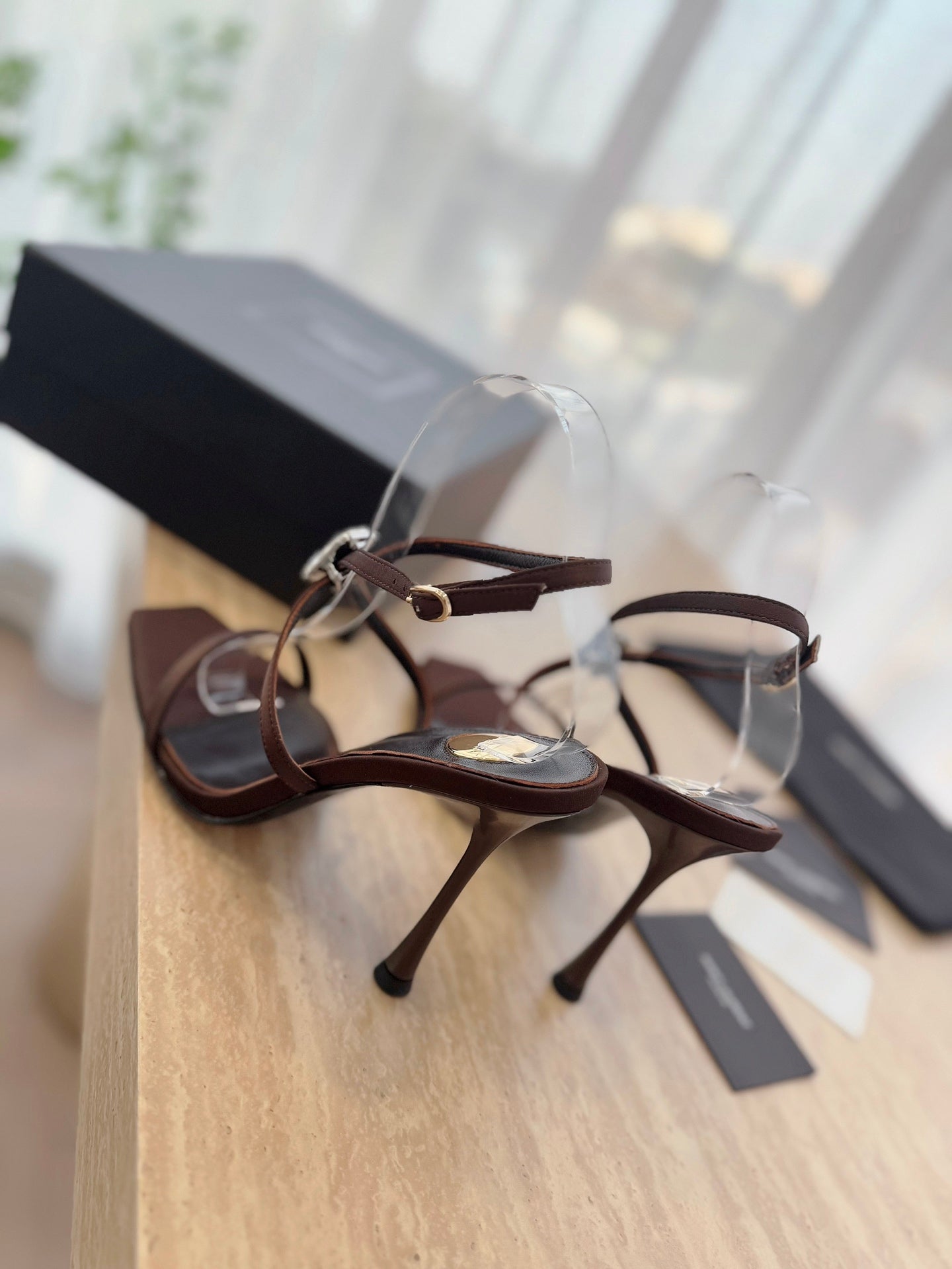HIGH HEEL SANDAL 10 CM IN CHOCOLATE BROWN SATIN CREPE AND CRYSTAL