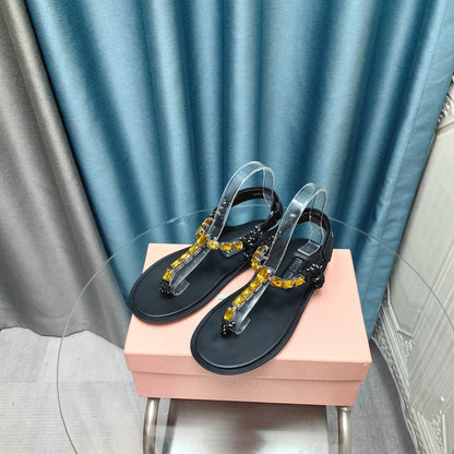 FLIP-FLOPS BLACK COWHIDE WITH CRYSTALS-YELLOW