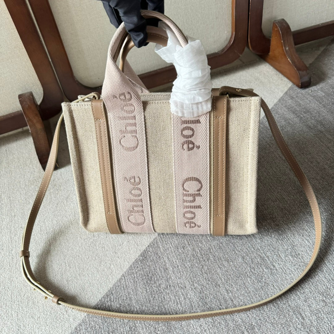 SMALL WOODY TOTE BAG 26.5 IN BEIGE LINEN CANVAS LIGHT PINK WEBBING LOGO EMBROIDERY