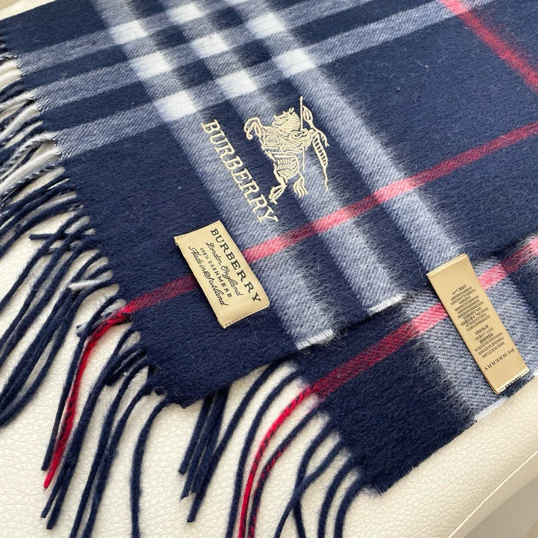 CHECK SCARF 180 CM IN INDIGO BLUE MIX WHITE CASHMERE 405480