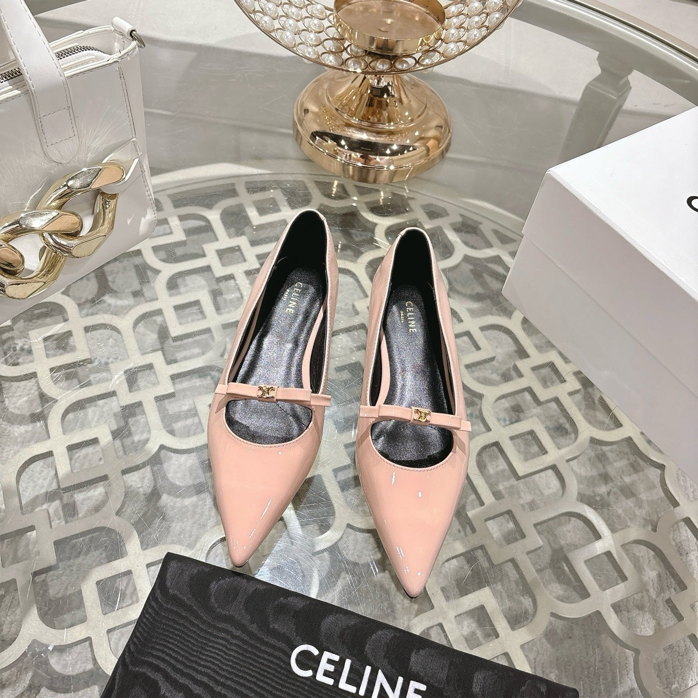 SUZY POINTY TOE BALLERINA IN BLUSH PINK PATENT CALFSKIN