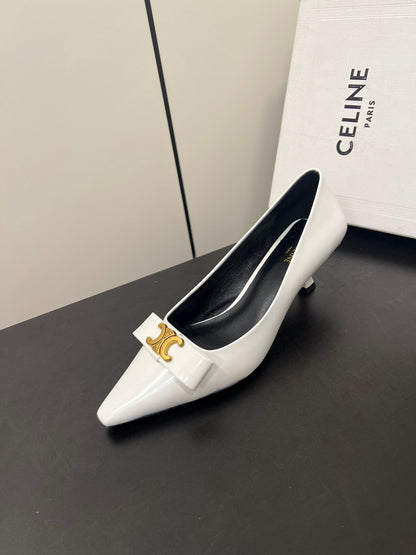 TRIOMPHE POINTED-TOE HIGH PUMPS IN WHITE SHINY CALFSKIN