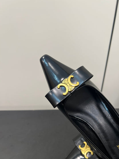 TRIOMPHE POINTED-TOE HIGH PUMPS IN BLACK SHINY CALFSKIN
