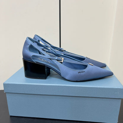 CUT-OUT PUMPS WITH BEAD BUCKLE IN PERANO BLUE SATIN