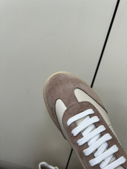 THICK-SOLED RETRO SNEAKERS IN CREAM LAMBSKIN AND PLASTER SUEDE