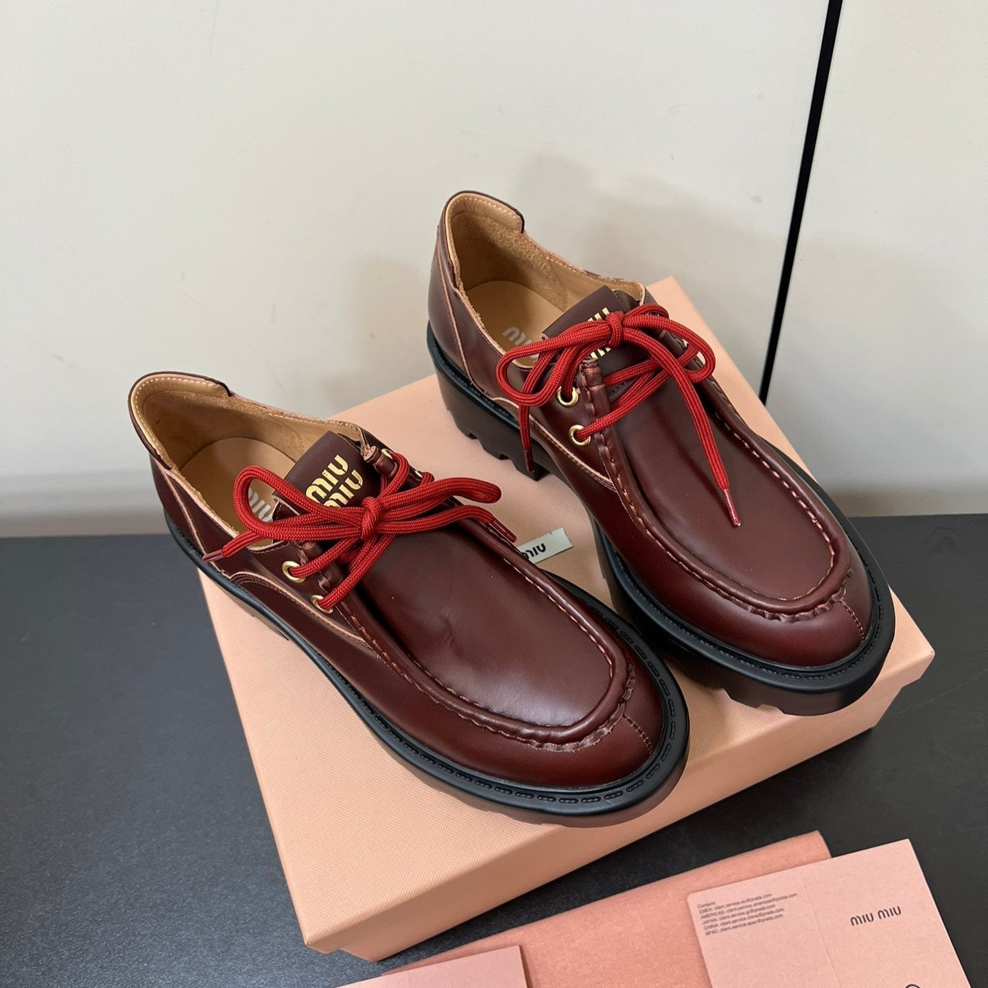 LACE-UP LOAFERS WITH THICK SOLE IN WINE RED SHINY SHEEPSKIN