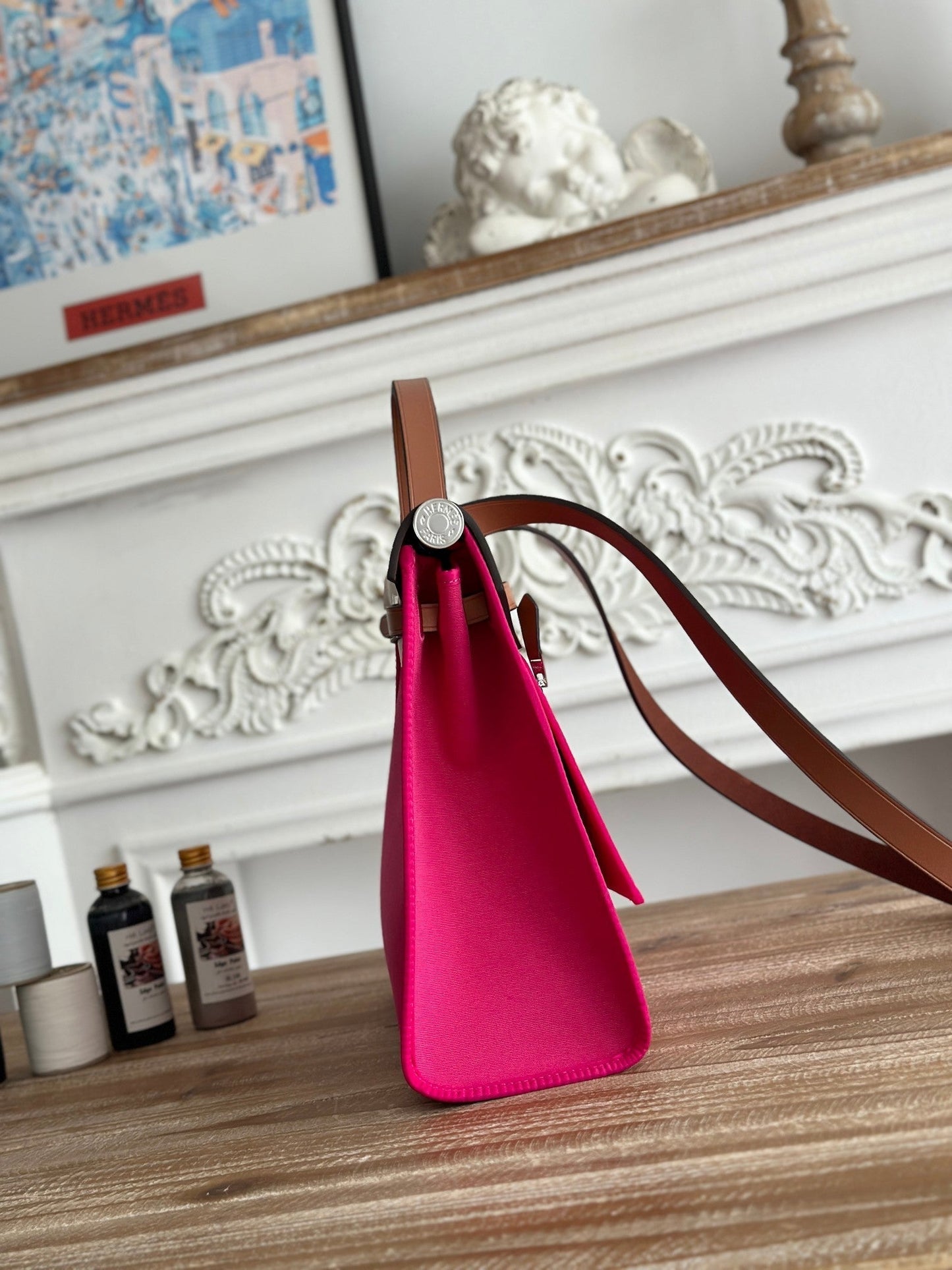 ZIP CABINE 31 BAG IN FUCHSIA PINK CANVAS AND BRONZE BROWN CALFSKIN