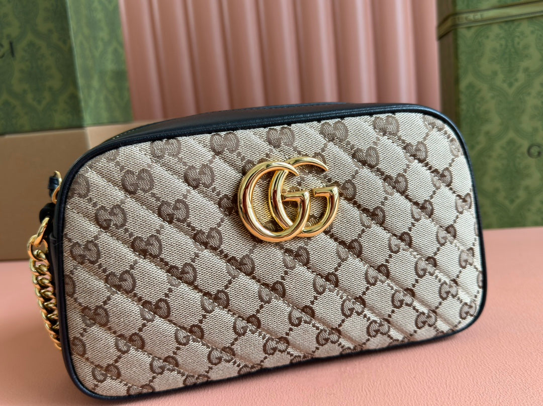 MARMONT MEDIUM SHOULDER BAG 24 IN BEIGE AND BROWN GG CANVAS BLACK CALFSKIN