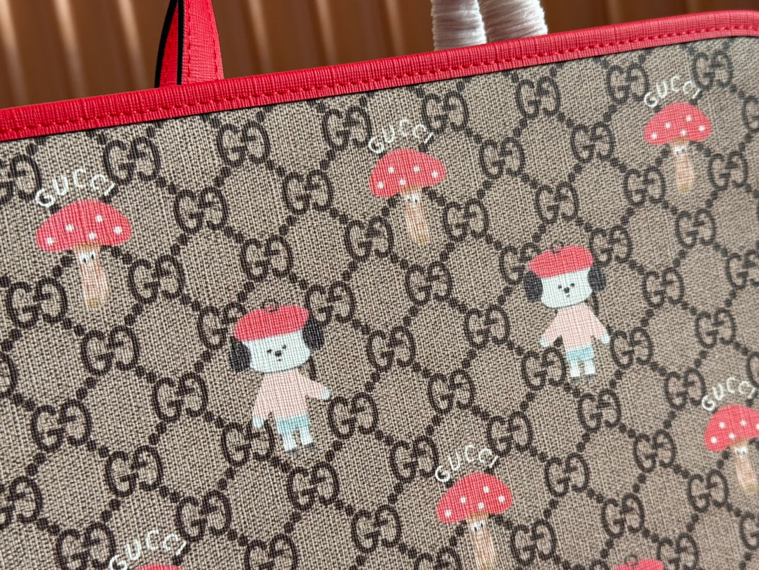 CHILDREN'S PRINTED DOG TOTE BAG 28.5 IN BEIGE AND DARK BROWN GG CANVAS RED TRIM