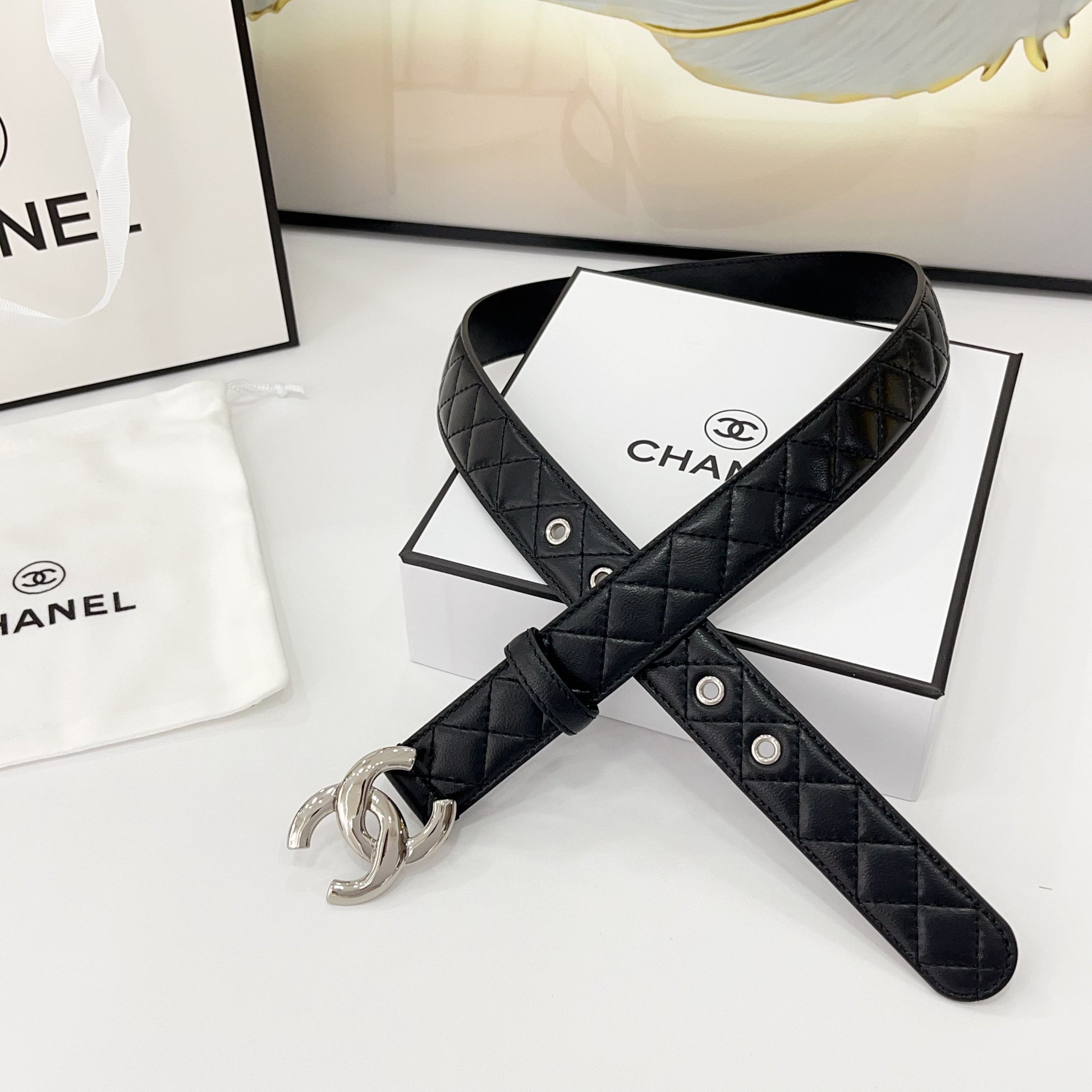 DOUBLE C BELT 30MM IN BLACK QUILTED LEATHER WITH SILVER BUCKLE