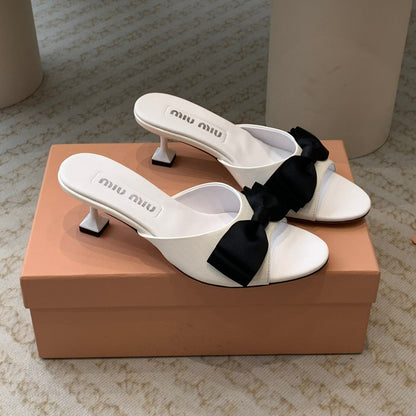 White Mid - Heels With Black Bow Calfskin