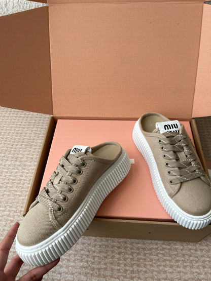 WASH SNEAKER MULES IN DARK BEIGE DENIM STRIPED LACES