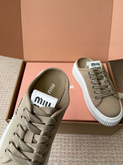 WASH SNEAKER MULES IN DARK BEIGE DENIM STRIPED LACES