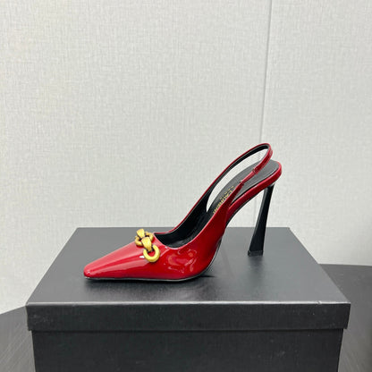 GOLD CHAIN ATTACHED HIGH SLINGBACK IN RED GLOSSY CALFSKIN