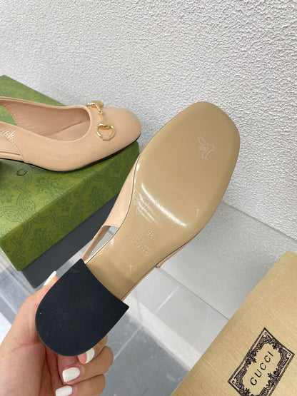 GG WOMEN'S HORSEBIT SLINGBACK IN TAN BEIGE CALFSKIN WITH RHINSTONES