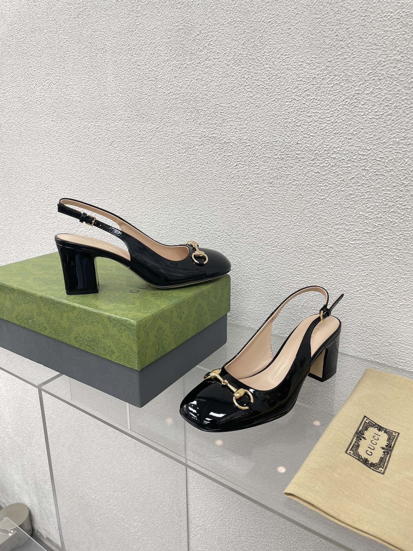 GG WOMEN'S HORSEBIT SLINGBACK 65MM IN BLACK CALFSKIN