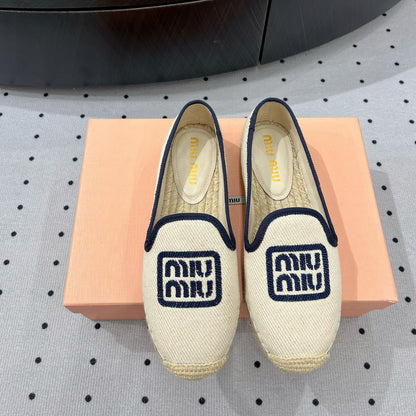 Loafer Shoes Ivory With Navy Border Fabric linen