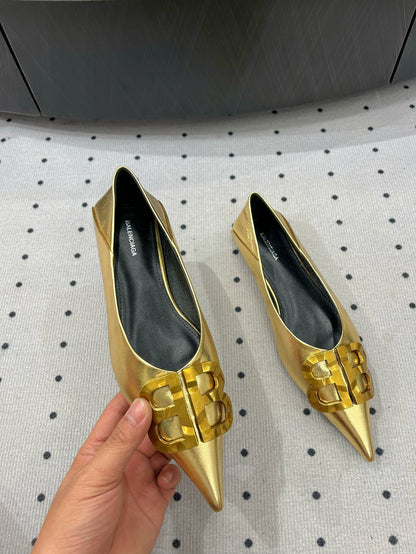 POINTED BB GOLD BUCKLE BALLET FLAT IN GOLD METALLIC SHINY CALFSKIN