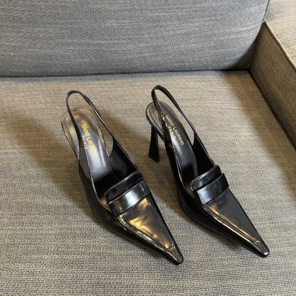 POINTED-TOE SLINGBACK PUMPS IN BLACK SHINY CALFSKIN