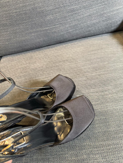 LA SCANDALE PLATFORM SANDALS IN TAUPE BROWN SATIN