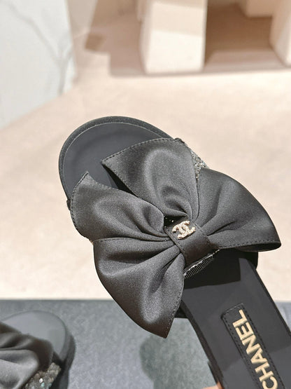 BOW LADY SLIPPERS BLACK LAMBSKIN WITH RHINESTONES