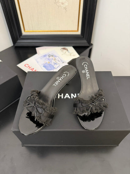 BLACK GROSGRAIN CANVAS BOW MULE SANDALS 65 MM