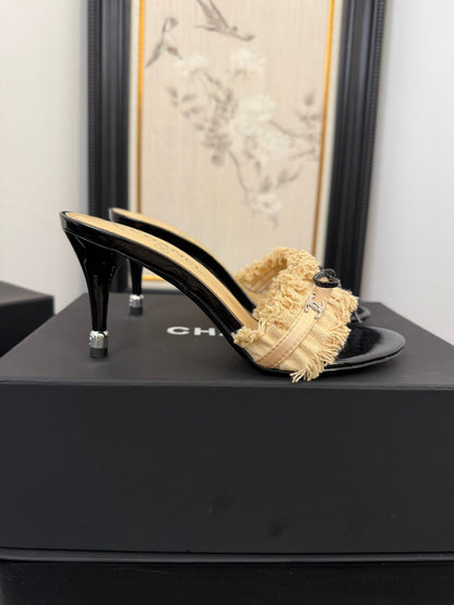 SAND YELLOW GROSGRAIN CANVAS BOW MULE SANDALS 90 MM