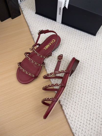 THREE-STRAPS SANDALS IN JAM RED CALFSKIN WITH GOLD HARDWARE