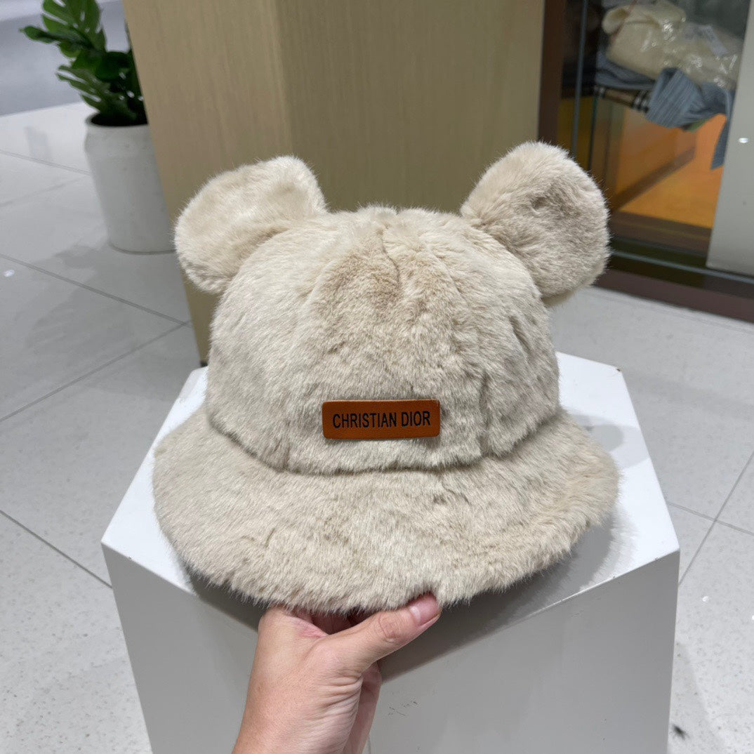 BUCKET HAT WITH CUTE BEAR EARS IN BEIGE MINK FUR 422025