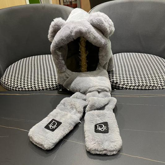 PLUSH WARM HAT IN GRAY RABBIT FUR WITH FOX EARS 439586