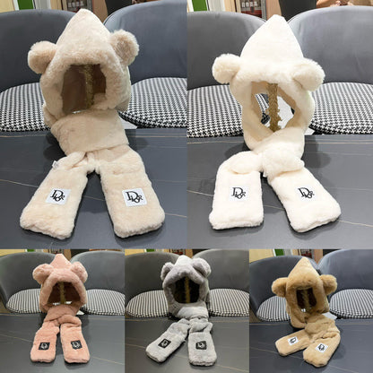 PLUSH WARM HAT IN GRAY RABBIT FUR WITH FOX EARS 439586