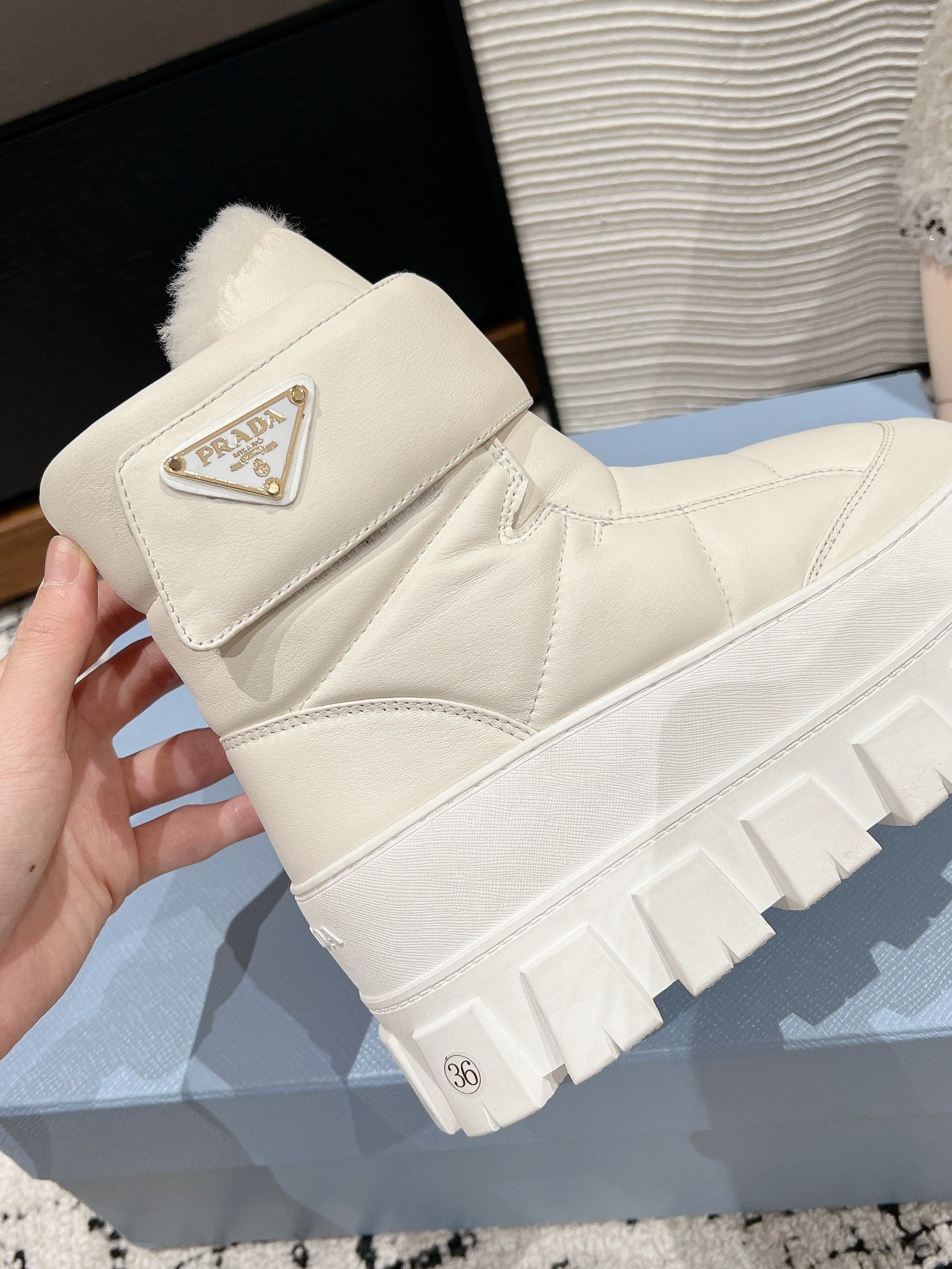 MONOLITH ANKLE BOOTS WITH STRAP IN RICE WHITE CALFSKIN AND FLEECE LINING