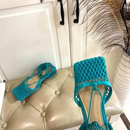 STRETCH LACE-UP FLAT SANDAL IN CERULEAN BLUE METALLIZED MESH AND LEATHER