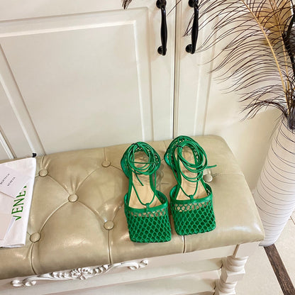 STRETCH LACE-UP FLAT SANDAL IN COOL GREEN METALLIZED MESH AND LEATHER