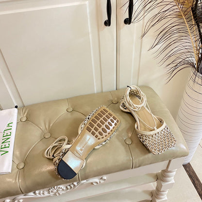 LACE-UP FLAT SANDAL IN WHITE CREAM METALLIZED MESH AND LEATHER WITH RHINSTONES