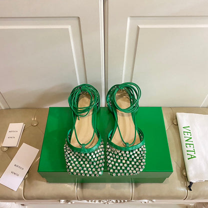 LACE-UP FLAT SANDAL IN COOL GREEN METALLIZED MESH AND LEATHER WITH RHINSTONES
